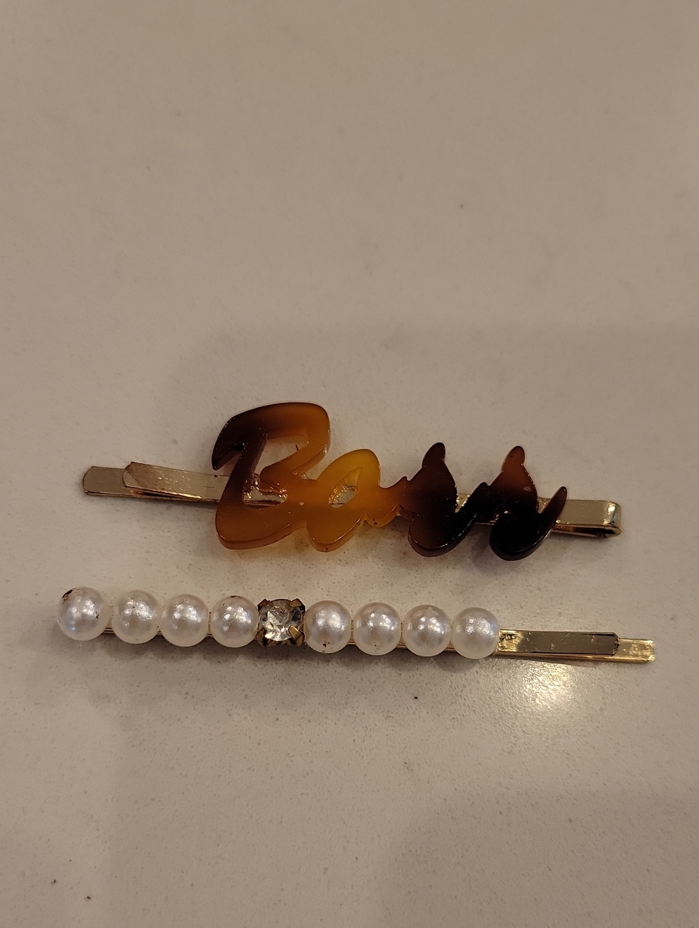 Boss Brown Tortoiseshell Script & Pearl Accent Hair Pin Duo